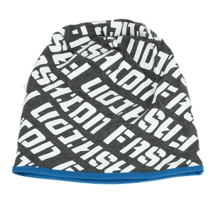 Detail of grey knit beanie with white FASHION print and blue contrast hem trim