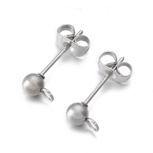 Detail of silver stainless steel ball stud earrings with jump rings for jewelry making