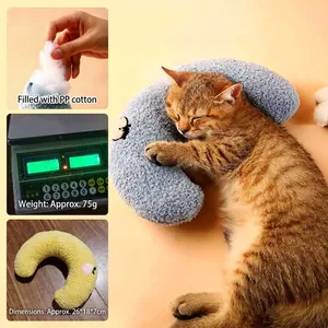Crescent shaped plush pet pillow for cats with PP cotton filling and flower embroidery