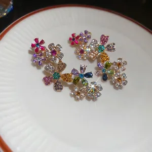 Exquisite 18k gold plated flower cluster stud earrings with colorful crystal accents