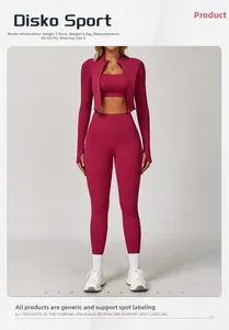 Detailed full-body shot of a dark red three-piece yoga set with jacket and high-waist pants