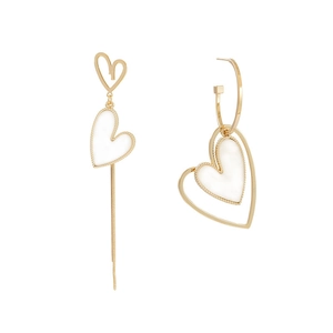 Elegant asymmetrical heart tassel earrings in gold with white enamel inlay for women