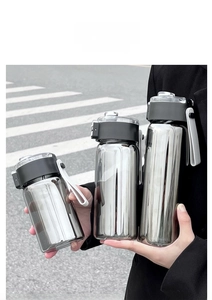 Three varying sizes of minimalist silver portable plastic cups with black lids and straps