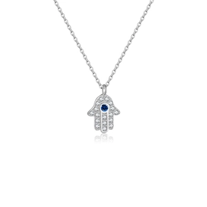 S925 sterling silver Hamsa hand necklace with white zircons and a blue evil eye stone