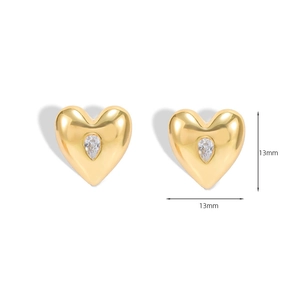 18K gold plated heart stud earrings with sparkling teardrop zircon in 13mm size