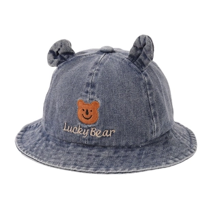 Cappello pescatore denim per bambini con orecchie d'orso e ricamo Lucky Bear in blu