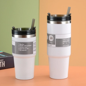 Detailed macro view of 30OZ matte white stainless steel insulated tumbler with lid and straw