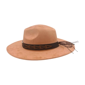 Detail of camel wide brim fedora hat with brown leather band and boho tassel accents