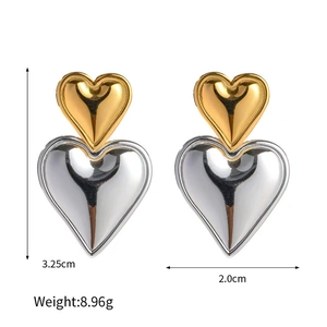 Gold and silver heart-shaped stainless steel earrings with 3.25cm height and 2.0cm width
