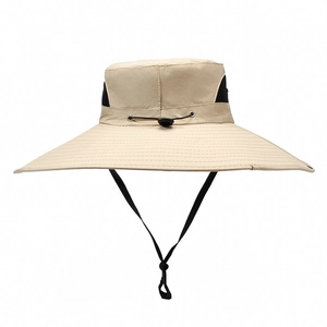 Wide brim sun hat with breathable mesh and adjustable chin strap in light khaki