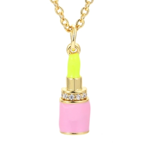 Lipstick pendant necklace in gold finish with pink and yellow enamel details