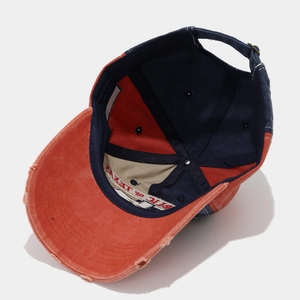 Detailed interior of vintage USA 250th anniversary baseball cap with sweatband and stitching