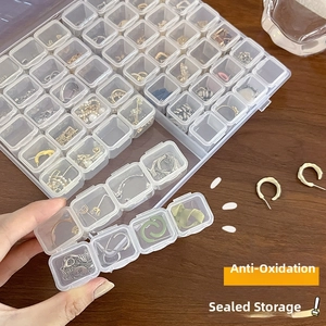 Macro shot of multi-grid clear jewelry storage box with independent sealed compartments