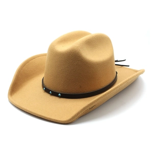 Classic camel wool cowboy hat with wide brim and decorative turquoise bead band
