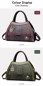 Detail view of purple and green handbags featuring crocodile texture and golden kangaroo charms