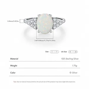 925 Sterling Silver Ring with 7x9mm Oval Opal and Side Stones in Minimalist Style