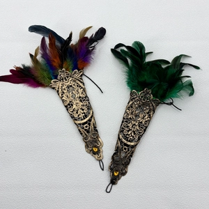 Gothic lace arm warmers with feathers and rhinestones for Halloween party costumes