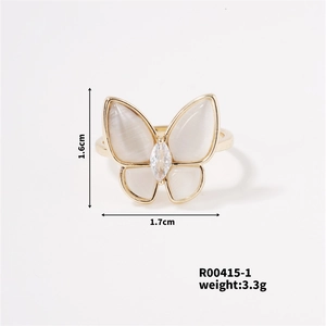 Detail view of butterfly ring with white cat eye stone and cubic zirconia dimensions