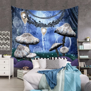 Macro detail of the fantasy mushroom tapestry fabric and high-definition digital printing