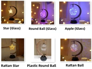LED moon-shaped decorative lamps with rope-wrapped stands and star-shaped glass pendants