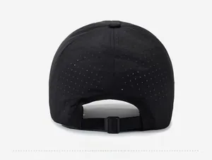 Rear view of black breathable baseball cap showing laser-cut holes and adjustable buckle strap