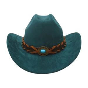 Chapeau de cowboy bleu marine vintage avec texture suédée et détail turquoise