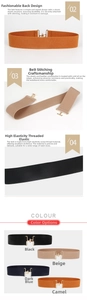 Detailed close-up of elastic waist belt with metal buckle and premium leather stitching