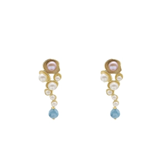 Natural pearl earrings with purple and aquamarine beads on gold irregular drop pendants