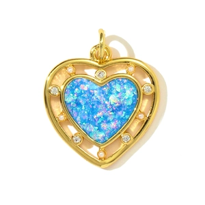 Golden heart pendant with blue opal center and white pearl accents for DIY jewelry