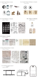 Dettaglio del kit scrapbook vintage con motivi di funghi, farfalle e fasi lunari