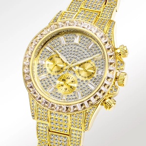 Luxury gold iced out men's watch with full diamond setting and triple sub-dial display