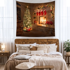 Detail of Christmas tapestry featuring a cozy fireplace and tree in a bedroom setting