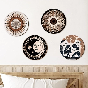 Bohemian round wooden wall decor set featuring sun moon and abstract line art patterns