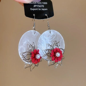 Detailed close-up of a floral earring featuring red petals and a center pearl detail