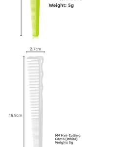 Detail showing the 18.8cm professional haircutting comb with dimensions and 5g weight specs
