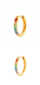 Close-up of 10mm and 12mm gold plated hoop earrings with rainbow zirconia stones