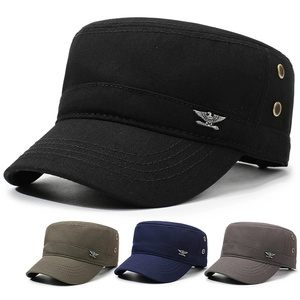 Men Flat Top Military Cadet Cap Cotton Canvas Metal Eagle Badge Breathable Adjustable Outdoor Sun Hat Casual