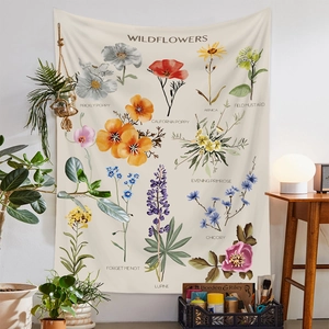 Detailed retro botanical wall tapestry featuring wildflowers like California Poppy and Lupine