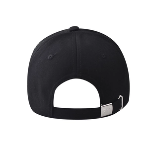 Rear view of black cotton baseball cap showing silver metal buckle with PY engraving