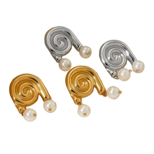Boucles d'oreilles spirale marine polie avec perles blanches en or et argent