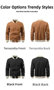 Detail view of men's bomber jacket showing rib-knit trim and sleeve zipper pocket