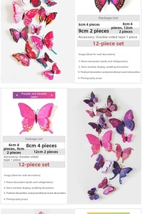 Detailed chart showing 12pcs of 3D butterfly wall stickers in various sizes and colors