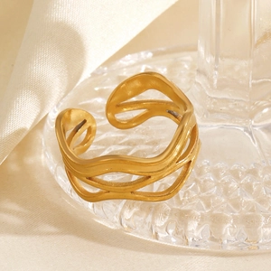 Minimalist 18K gold plated multi-layer wave open ring in brushed stainless steel finish