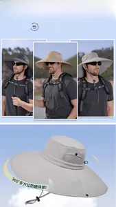 Dettaglio di un cappello da sole outdoor con tesa larga, rete traspirante e cinturino regolabile