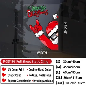 Size chart for Santa Claus window stickers showing dimensions and UV printing features