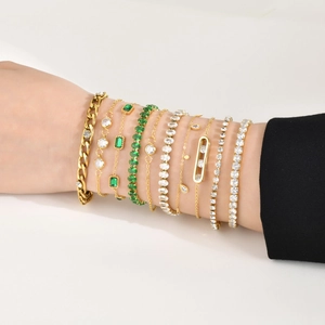 Elegant gold-plated stainless steel layered bracelets with green zircon for women