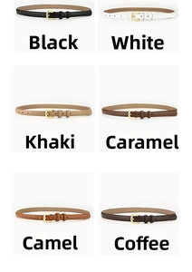 Detailed grid showing six elegant colors of slim leather belts with gold buckles