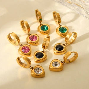 18K gold-plated stainless steel heart drop earrings with colorful zircon gemstones