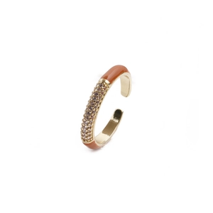 Adjustable gold ring with orange enamel drips and shimmering zircon stones for women