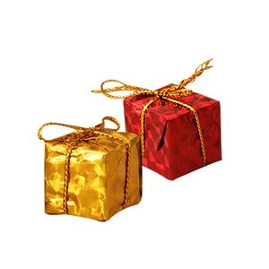 Mini red and gold foil Christmas gift box ornaments with golden ribbons for holiday decor